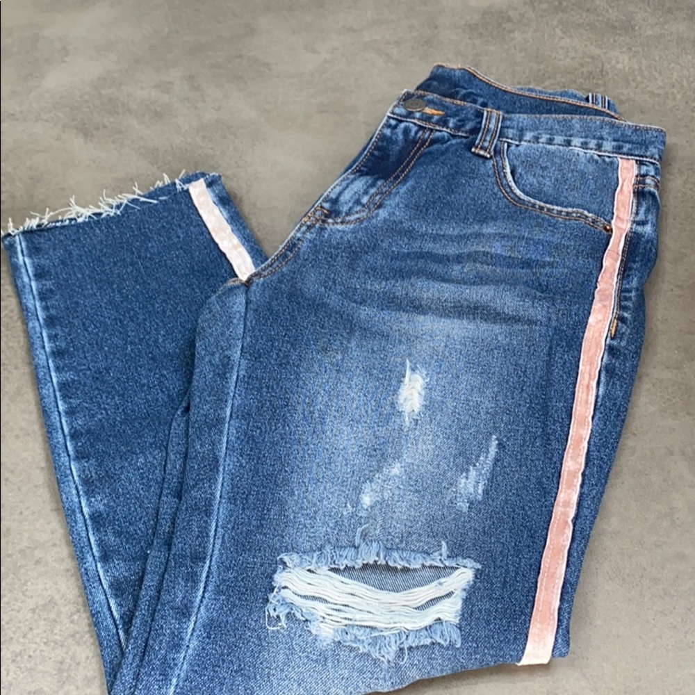 Distressed Jeans with Velvet Stripe